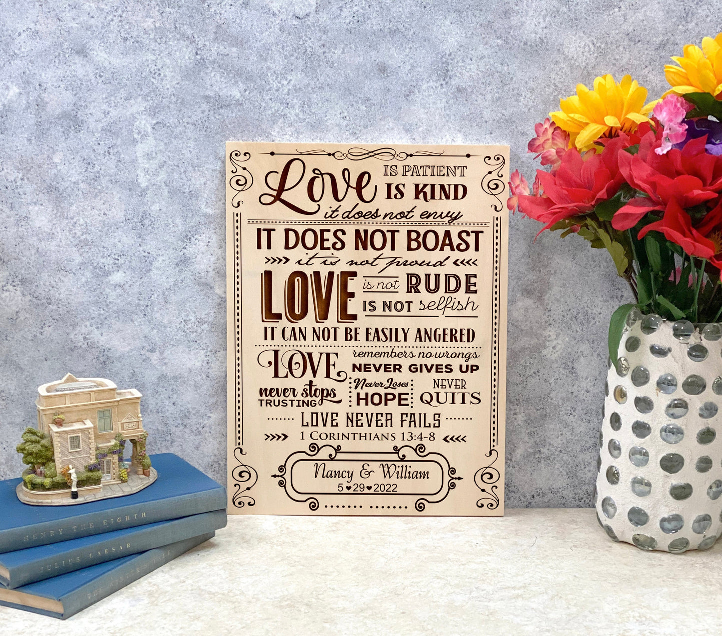 Personalized Engraved Cradled Wood Love is Patient Corinthians 13 Prayer, Love is Kind, Wedding Gift, Engagement Gift, Anniversary Gift, Engraved Prayer