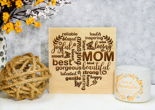 Tabletop Mom Word Art, Laser Engraved Mother's Day Gift, Mom's Birthday Gift Idea, Mom Gift, Words to Describe Mom Wood Canvas, Home Decor